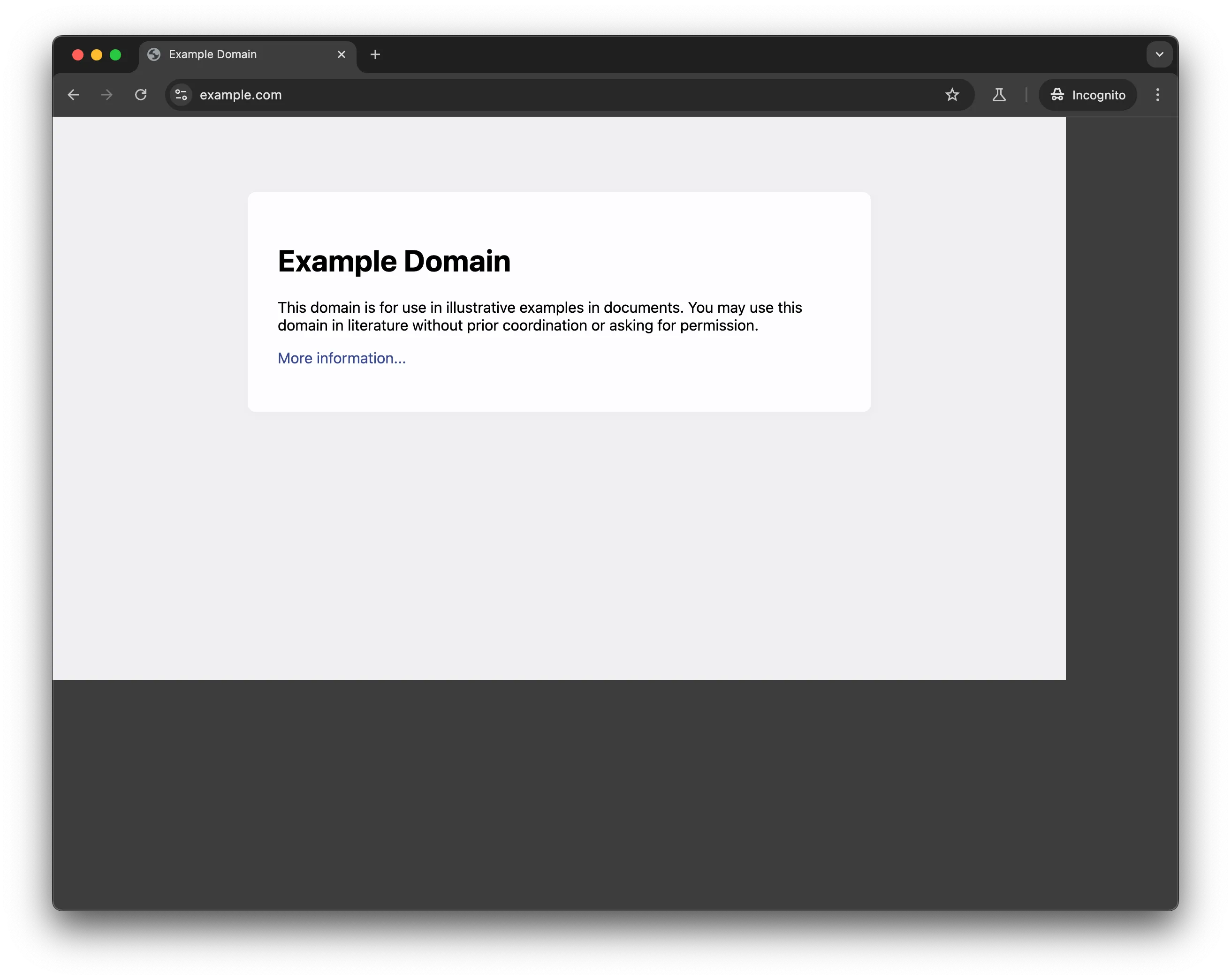 Screenshot of chrome with a single incognito page on example.com